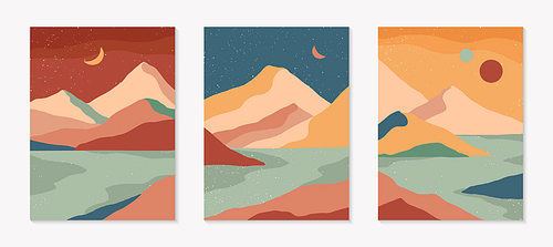 Set of creative abstract mountain landscape backgrounds.Mid century modern vector illustration with hand drawn mountains;lake or river; sky,moon or sun.Trendy contemporary design.Wall art decor.