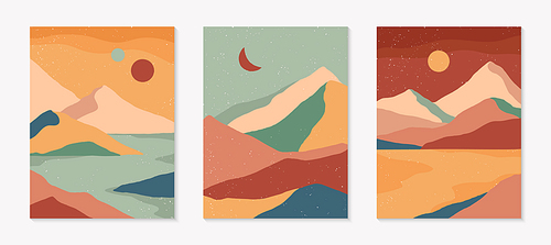 Set of creative abstract mountain landscape backgrounds.Mid century modern vector illustration with hand drawn mountains;desert or river; sky,moon or sun.Trendy contemporary design.Wall art decor.