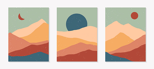 Set of creative abstract mountain landscape backgrounds.Mid century modern vector illustrations with  mountains or desert dunes; sky, sun or moon.Trendy contemporary design.Futuristic wall art decor.