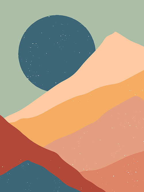 Creative abstract mountain landscape background.Mid century modern vector illustration with hand drawn mountains or desert dunes; sky and moon.Trendy contemporary design.Futuristic wall art decor.