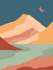 Set of creative abstract mountain landscape background.Mid century modern vector illustration with hand drawn mountains; sea or river; sky and moon.Trendy contemporary design.Wall art decor.