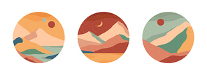 Set of creative abstract mountain landscape and mountain range round icons.Trendy templates for stories.Mid century modern vector illustrations with hand drawn mountains,sea or desert,sky,sun,moon.