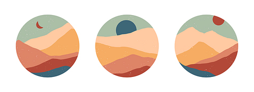 Set of creative abstract mountain landscape round icons.Mid century modern vector illustrations with  mountains or desert dunes;sky,sun or moon.Trendy templates for stories.Futuristic abstract design