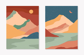 Set of creative abstract mountain landscapes backgrounds.Mid century modern vector illustrations with hand drawn mountains,sea,sky,sun,moon.Trendy contemporary design.Wall art decor.