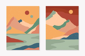 Set of creative abstract mountain landscapes backgrounds.Mid century modern vector illustrations with hand drawn mountains,sea,sky,sun,moon.Trendy contemporary design.Wall art decor.