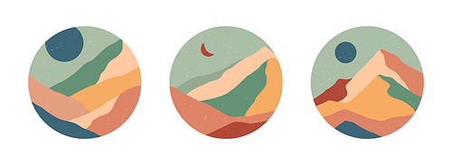 Set of creative abstract mountain landscape and mountain range round icons.Trendy templates for stories.Mid century modern vector illustrations with hand drawn mountains or desert dunes,sky,sun,moon.