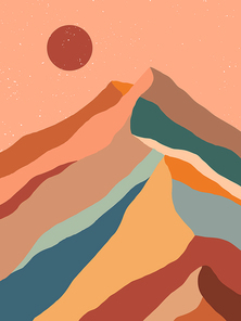 Creative abstract mountain landscape.Mountain range background.Mid century modern vector illustration with hand drawn mountains with sun or moon.Trendy contemporary design.Wall art decor.