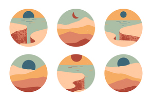 Set of creative abstract rocky mountain landscape round icons.Mid century modern vector illustration with cliffed coast,desert dunes,sky and sun.Trendy templates for stories.Futuristic abstract design