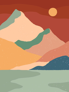 Creative abstract mountain landscape background.Mid century modern vector illustration with hand drawn mountains; sea or river; sky and sun.Trendy contemporary design.Wall art decor.