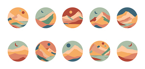 Set of creative abstract mountain landscape and sand dunes round icons.Social media covers.Trendy templates for stories.Modern vector illustrations with hand drawn mountains,sea,desert,sky,sun,moon.