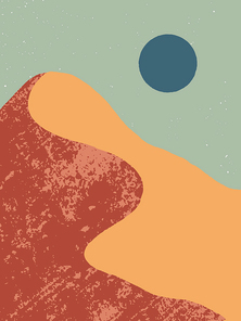 Creative abstract mountain landscape background.Mid century modern vector illustration with hand drawn mountains or desert dunes; sky and moon.Trendy contemporary design.Futuristic wall art decor.