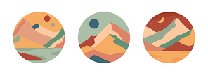 Set of creative abstract mountain landscape and mountain range round icons.Trendy templates for stories.Mid century modern vector illustrations with hand drawn mountains,sea or desert,sky,sun,moon.