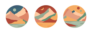 Set of creative abstract mountain landscape and mountain range round icons.Trendy templates for stories.Mid century modern vector illustrations with hand drawn mountains,sea or desert,sky,sun,moon.