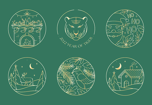 Luxury gold Xmas emblems with forest landscape, house,deer,santa,dove,tiger.Vector Christmas and New Year shiny golden labels with traditional winter holiday symbols.Elegant holiday concepts