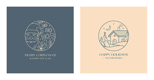 Xmas linear emblems with santa,floral elements,winter forest landscape and house.Vector Christmas and New Year festive logos with traditional winter holiday symbols.Holiday celebration concept.