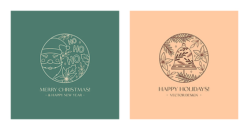 Xmas linear emblems with santa,bell and floral elements:poinsettia,fir branch,leaves.Vector Christmas and New Year festive logos with traditional winter holiday symbols.Holiday celebration concept.