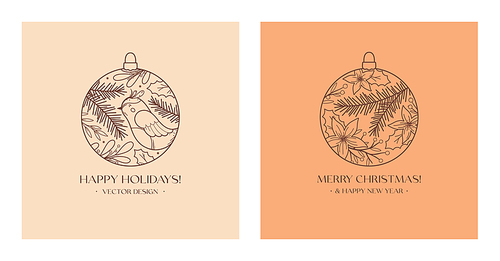 Xmas baubles linear illustrations with dove,floral elements,fir branch,berries.Vector Christmas and New Year festive balls with traditional winter holiday symbol in minimal style.Holiday concept