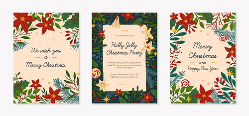 Set of Christmas and Happy New Year greetings and party invitations templates.Modern vector layouts with traditional winter holiday symbols.Xmas trendy designs for banners; invitations; prints.