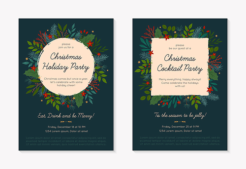 Set of Christmas and Happy New Year party invitations templates.Modern vector layouts with hand drawn traditional winter holiday symbols.Xmas trendy designs for banners,invitations,prints,social media