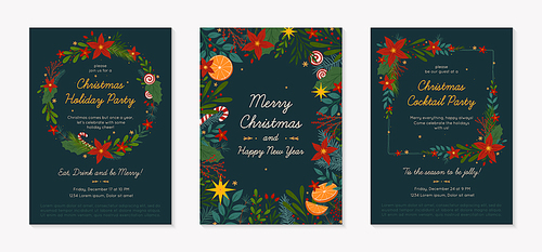 Christmas and Happy New Year greeting banner and party invitations.Festive vector layouts with hand drawn traditional winter holiday symbols.Xmas designs for banners,invitations,prints,social media.