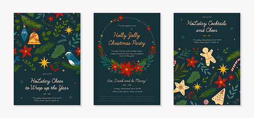 Christmas and Happy New Year party invitations templates.Festive vector layouts with hand drawn traditional winter holiday symbols.Xmas trendy designs for banners,invitations,prints,social media