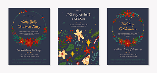 Christmas and Happy New Year party invitations templates.Festive vector layouts with hand drawn traditional winter holiday symbols.Xmas trendy designs for banners,invitations,prints,social media