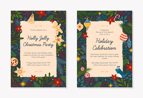Set of Christmas and Happy New Year party invitations templates.Modern vector layouts with hand drawn traditional winter holiday symbols.Xmas trendy designs for banners,invitations,prints,social media