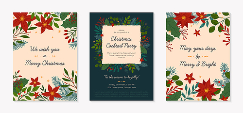 Set of Christmas and Happy New Year greetings and party invitations templates.Modern vector layouts with traditional winter holiday symbols.Xmas trendy designs for banners; invitations; prints.