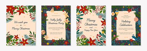 Bundle of Christmas and Happy New Year greetings and party invitations templates.Modern vector layouts with traditional winter holiday symbols.Xmas trendy designs for banners; invitations; prints.