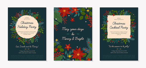 Set of Christmas and Happy New Year greetings and party invitations templates.Modern vector layouts with traditional winter holiday symbols.Xmas trendy designs for banners; invitations; prints.