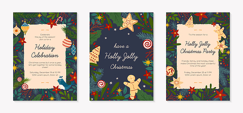 Set of Christmas and Happy New Year greetings and party invitations templates.Modern vector layouts with traditional winter holiday symbols.Xmas trendy designs for banners; invitations; prints.