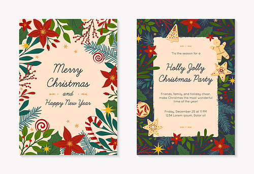 Set of Christmas and Happy New Year greetings and party invitations templates.Modern vector layouts with traditional winter holiday symbols.Xmas trendy designs for banners; invitations; prints.