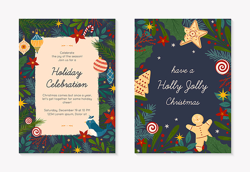 Set of Christmas and Happy New Year greetings and party invitations templates.Modern vector layouts with traditional winter holiday symbols.Xmas trendy designs for banners; invitations; prints.