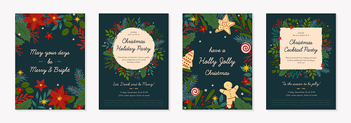 Bundle of Christmas and Happy New Year greetings and party invitations templates.Modern vector layouts with traditional winter holiday symbols.Xmas trendy designs for banners; invitations; prints.