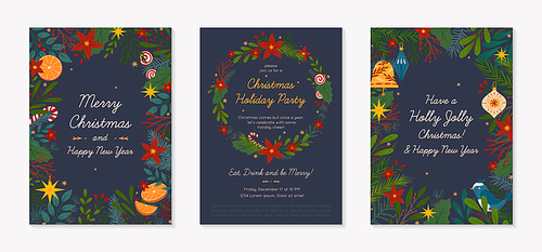 Christmas and Happy New Year greeting banners  and party invitation.Festive vector layouts with hand drawn traditional winter holiday symbols.Xmas designs for banners,invitations,prints,social media.