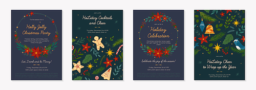 Christmas and Happy New Year party invitations templates.Festive vector layouts with hand drawn traditional winter holiday symbols.Xmas trendy designs for banners,invitations,prints,social media