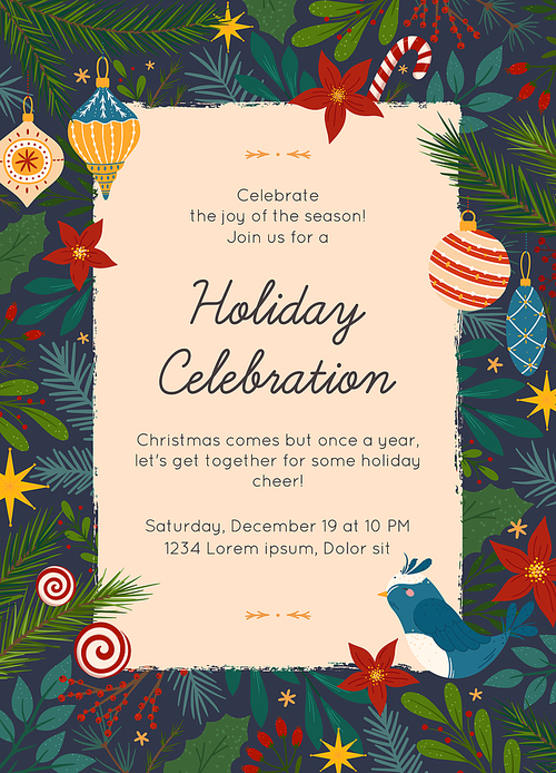 Christmas and Happy New Year party invitation template.Modern vector layout with hand drawn traditional winter holiday symbols.Xmas trendy design for banners,invitations,prints,social media.