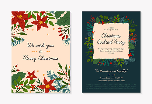 Set of Christmas and Happy New Year greetings and party invitations templates.Modern vector layouts with traditional winter holiday symbols.Xmas trendy designs for banners; invitations; prints.