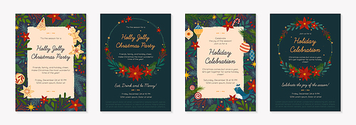 Christmas and Happy New Year party invitations templates.Festive vector layouts with hand drawn traditional winter holiday symbols.Xmas trendy designs for banners,invitations,prints,social media