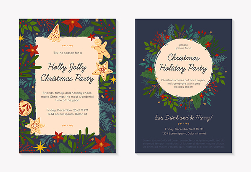 Set of Christmas and Happy New Year party invitations templates.Modern vector layouts with hand drawn traditional winter holiday symbols.Xmas trendy designs for banners,invitations,prints,social media