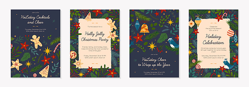 Christmas and Happy New Year party invitation templates with pattern.Festive vector layouts with hand drawn traditional winter holiday symbols.Xmas design for banners,invitations,prints,social media.