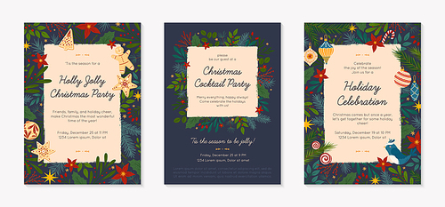 Bundle of Christmas and Happy New Year party invitations templates.Modern vector layouts with traditional winter holiday symbols.Xmas trendy designs for banners,invitations,prints,social media