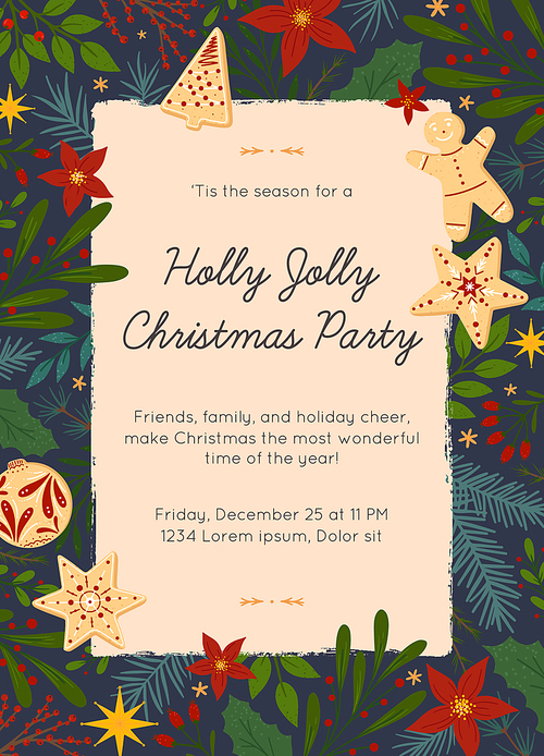 Christmas and Happy New Year party invitation template.Modern vector layout with hand drawn traditional winter holiday symbols.Xmas trendy design for banners,invitations,prints,social media.
