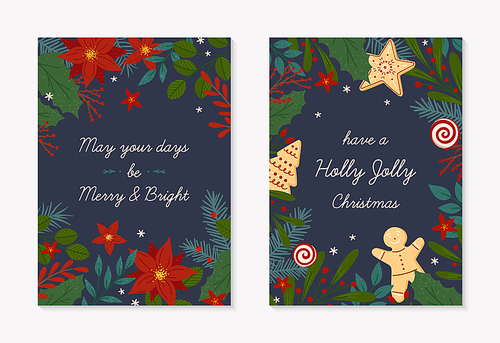 Set of Christmas and Happy New Year greeting cards templates.Modern vector layouts with hand drawn traditional winter holiday symbols.Xmas trendy designs for banners,invitations,prints,social media.