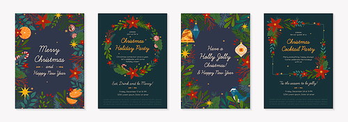 Christmas and Happy New Year greeting banners and party invitations.Festive vector layouts with hand drawn traditional winter holiday symbols.Xmas designs for banners,invitations,prints,social media.