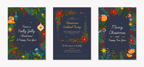 Christmas and Happy New Year greeting banners  and party invitation.Festive vector layouts with hand drawn traditional winter holiday symbols.Xmas designs for banners,invitations,prints,social media.