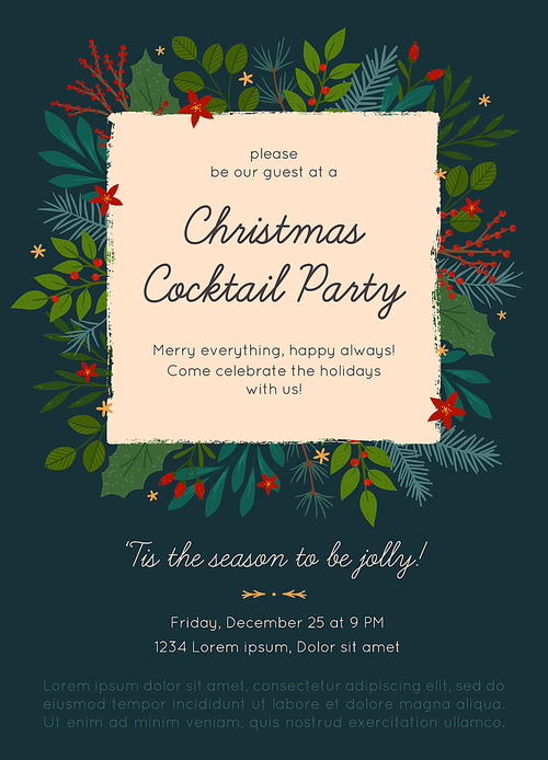 Christmas and Happy New Year party invitation template.Modern vector layout with hand drawn traditional winter holiday symbols.Xmas trendy design for banners,invitations,prints,social media.