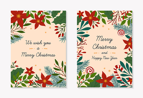 Set of Christmas and Happy New Year greeting cards templates.Modern vector layouts with hand drawn traditional winter holiday symbols.Xmas trendy designs for banners,invitations,prints,social media.