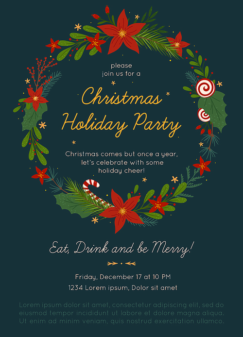 Christmas and Happy New Year party invitation template.Festive vector layout with hand drawn traditional winter holiday symbols.Xmas trendy design for banners,invitations,prints,social media.