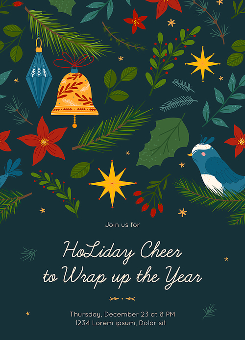 Christmas and Happy New Year party invitation template with pattern.Festive vector layout with hand drawn traditional winter holiday symbols.Xmas design for banners,invitations,prints,social media.